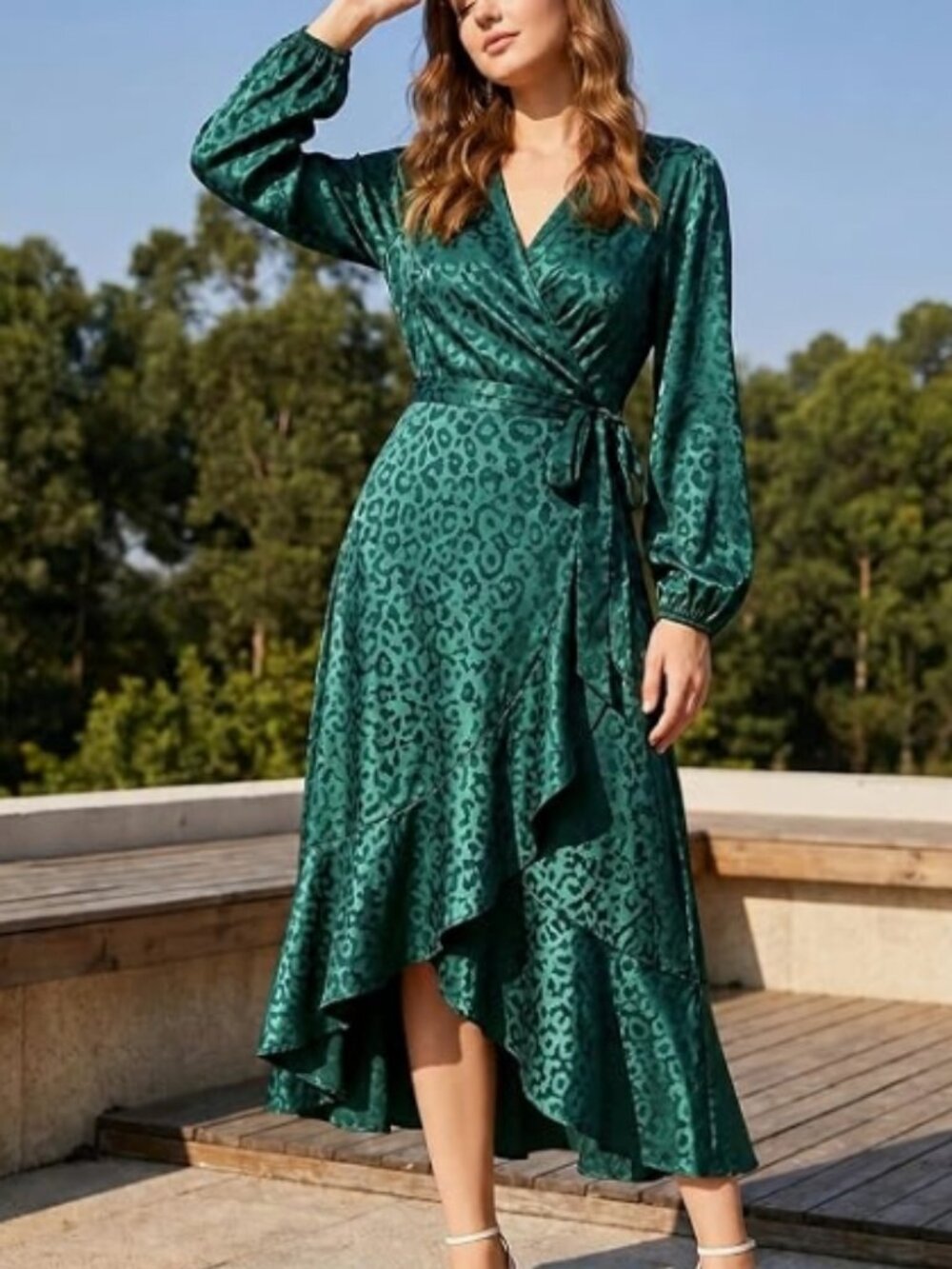 Women's Satin Leopard Wrap Dress Long Sleeve High Low Midi Dress